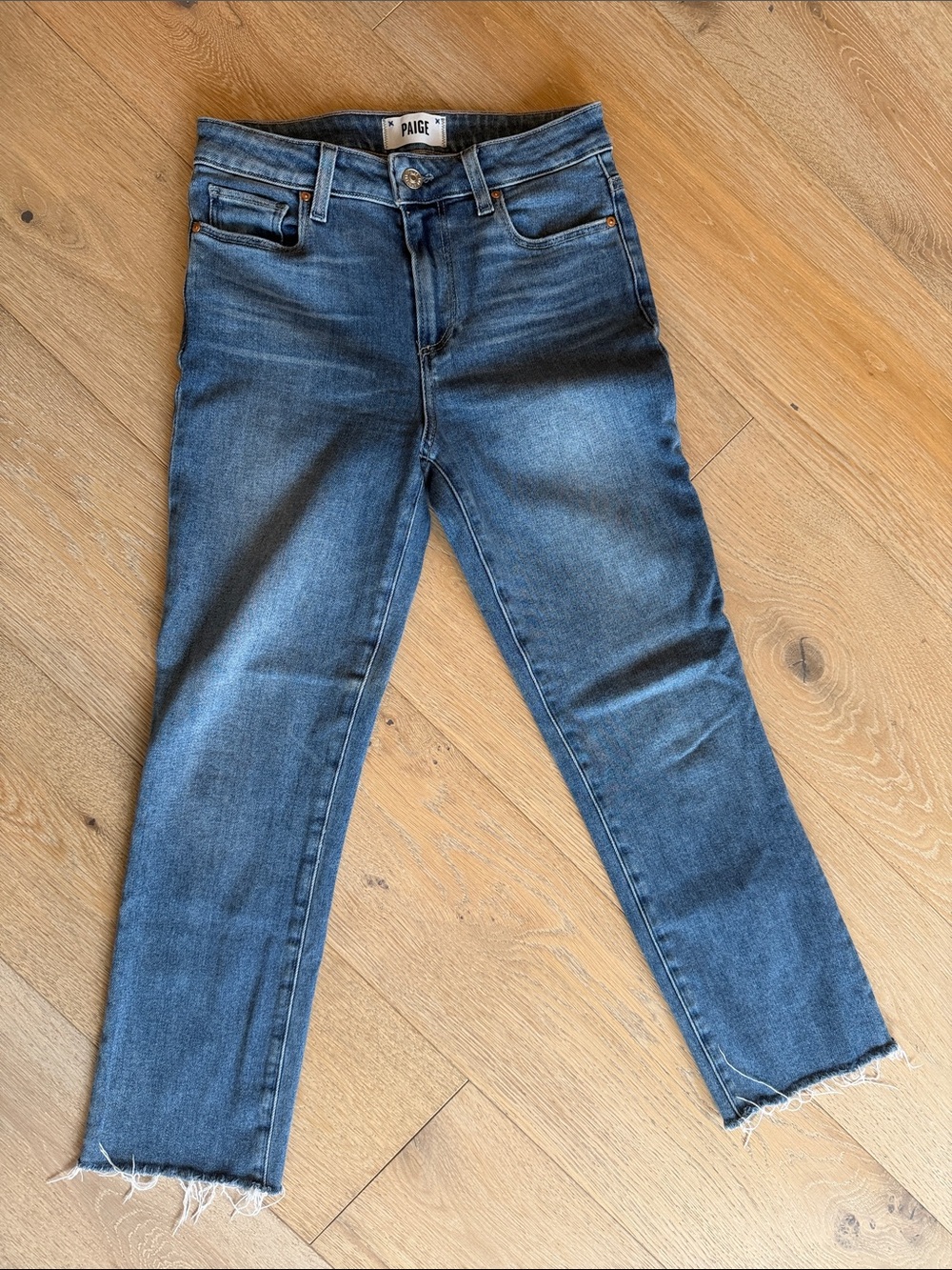 PAIGE Medium Blue High-Rise Cropped Jeans with Raw Hem